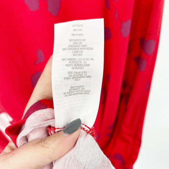 Logo Lori Goldstein Floral Midi Dress Sz M Red Contrast Godet Scoop Neck Stretch - Picture 8 of 8